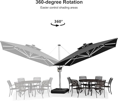 PURPLE LEAF 11 Feet Solar Powered LED Square Cantilever Umbrella With Base Patio Umbrellas Windproof Hanging Umbrella Outdoor Offset Umbrellas, Black