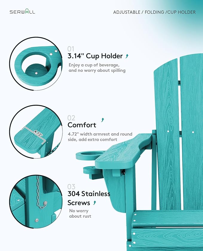 SERWALL Folding Adirondack Chair Set of 4, Adjustable Adirondack Chair with 3 Recline Positions, All Weather HDPE Outdoor Adirondack with Cup Holders, Aruba