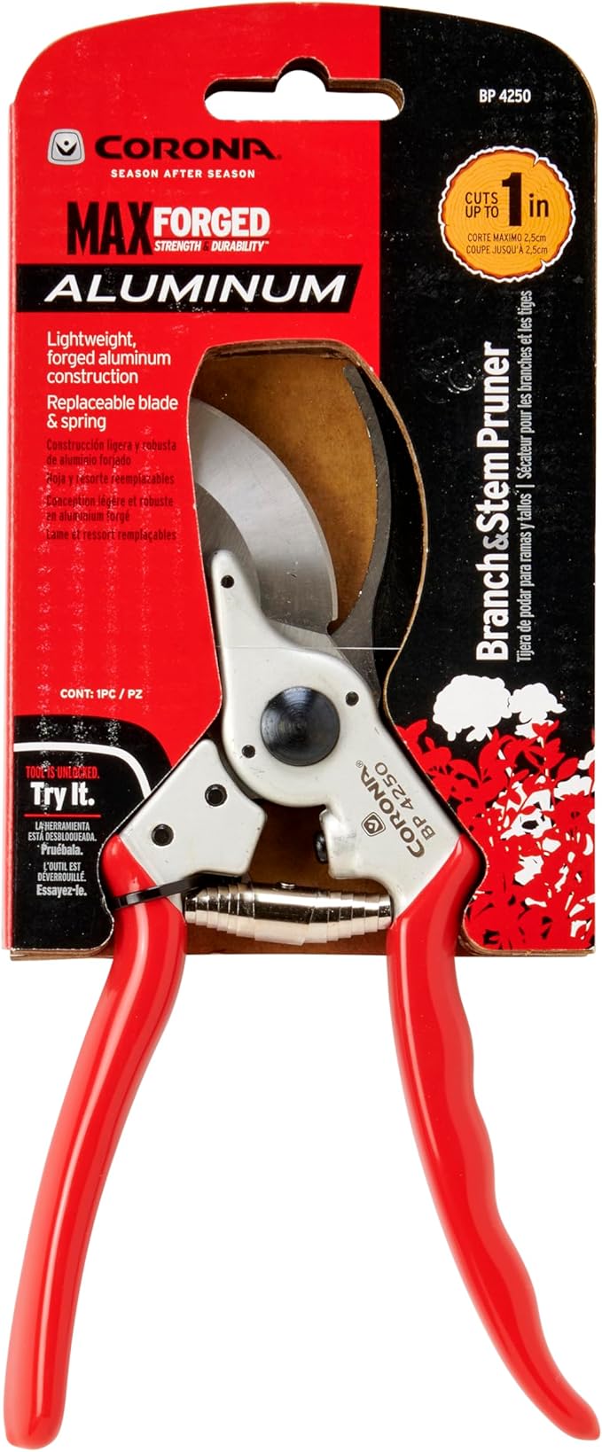 Corona BP 4250 Forged Steel Aluminum Handles Bypass Hand Pruner - 1 inch Cut Capacity Stem and Branch Garden Shears, Red