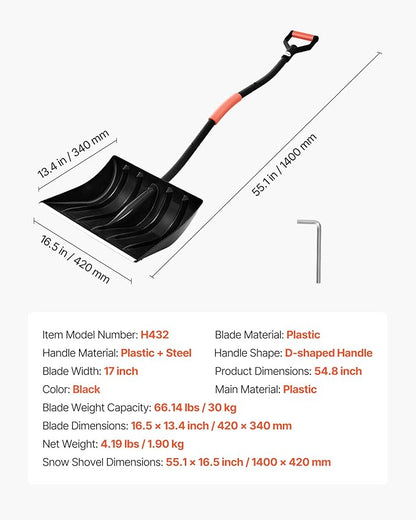 VEVOR Snow Shovel for Driveway, 17 in Wide Plastic Snow Shovel with D-Shaped Handles & Aluminum Blade, Large Capacity Snowplow Shovels, Lightweight Snows Removal Tool for Garden Car Camping