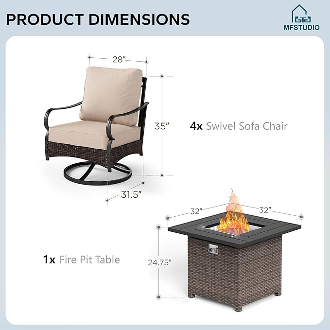 MFSTUDIO 5 Pieces Outdoor Patio Furniture Set, Metal Outdoor Conversation Sofa, Rattan Wicker Patio Sectional Sofa Set with 4 x Swivel Single Sofa, 1 x Fire Pit Table, Beige