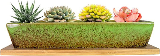 ARTKETTY Succulent Pots, 9.8 Inch Ceramic Succulent Planters with Drainage Small Bonsai Pot with Bamboo Tray, Mini Cactus Flower Planter Pot Shallow Rectangular Window Planters for Indoor Plants