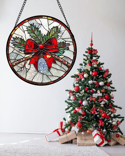 Stained Glass Window Hanging - Pine Branches Red Bow Suncatcher for Doors Home Christmas Decoration Silver Sun Catcher Thanksgiving New Year Birthday Gifts for Women Men Mom Nana 7.8 in