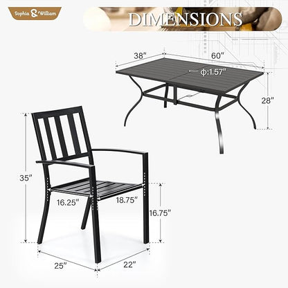 Sophia & William 7-Piece Patio Dining Set for 6, 60.2" Metal Outdoor Table with Umbrella Hole & 6 Stackable Chairs, Heavy-Duty 300LB Capacity - Black - Garden Furniture for Deck, Lawn, Backyard