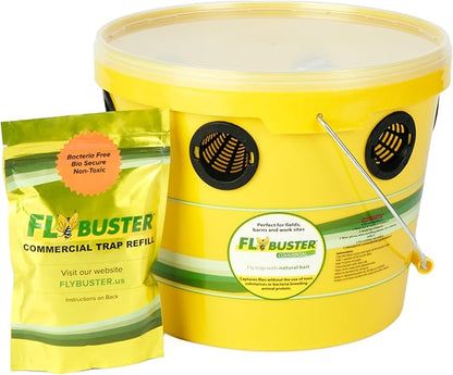 Flybuster Fly Trap | Outdoor Device for Catching Flies | 10-Liter Commercial Size (2-Pack) | Comes with Two Flytraps and 4 Bait Packets | 2,000,000 Fly Capacity | Non-Toxic | Child & Pet Safe