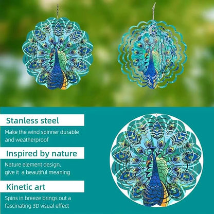 Metal Wind Spinners Outdoor Hanging Wind Spinner for Yard and Garden Decor for Outside-12In 3D Stainless Steel Peacock Wind Chime Gifts for Women Mom