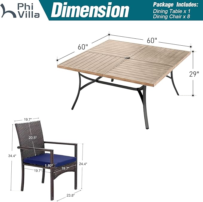 PHI VILLA 9-Piece Outdoor Dining Set for 8, 60" Wood-Like Square Metal Steel Dining Table & Rattan Wicker Chairs with Cushions, Patio Dining Set