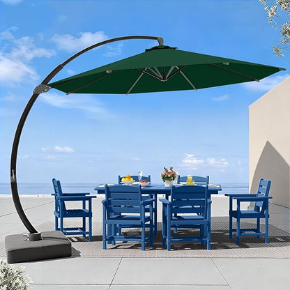 7 Piece Patio Dining Set with 11ft Patio Umbrella (Dark Green), 7 Navy Outdoor HDPE Dining Set with 6 Chairs + 1 Large Table, for Market, Pool, Garden, Backyard, Deck