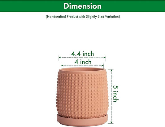 D'vine Dev Set of 2 Ceramic Plants Pots, 4 Inch Beaded Stoneware Flower Pot for Plants with Drainage Hole and Saucer, Terracotta, 27-E-Z-7