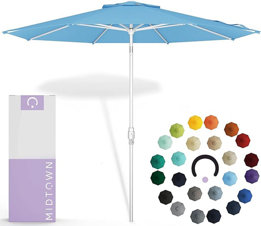 Midtown Umbrellas The Swilt 10 Feet Patio Umbrella in Sunbrella Capri Acrylic Fabric - Fiberglass Ribs, Auto-Tilt Aluminum Frame For Backyard, Deck, Garden, Pool - White Pole