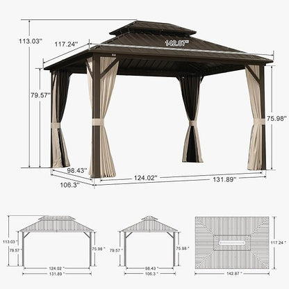 PURPLE LEAF 10’ X 12’ Outdoor Hardtop Gazebo Metal Frame Galvanized Steel Double Roof with Curtains and Nettings for Patio Desk Backyard Bronze