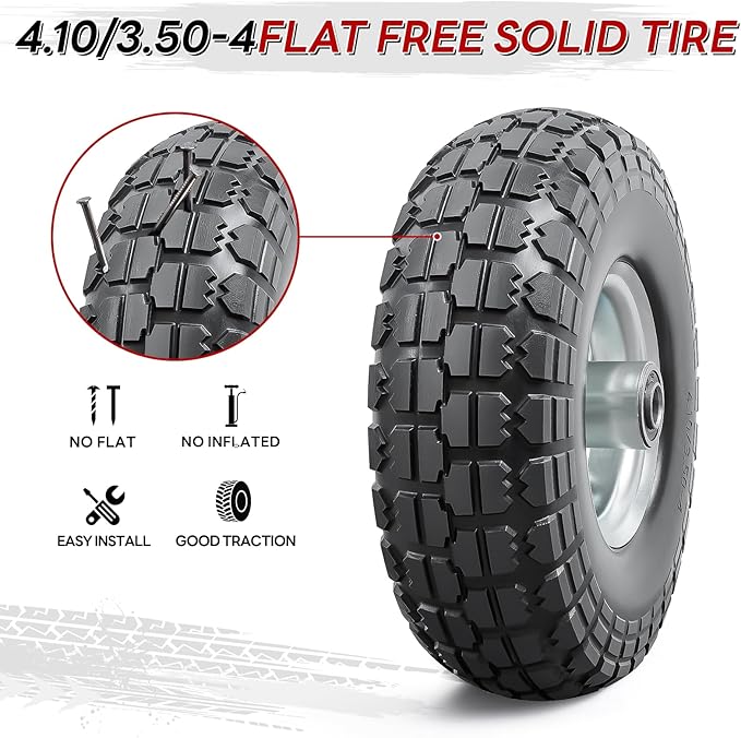 4 PCS 10” Solid Tires, 4.10/3.50-4” Flat Free Tires and Wheels with 5/8” Axle Bore Hole and Double Sealed Bearings Compatible with Hand Truck Wheelbarrow Tire Lawn Mower Tire (Silver) P-092