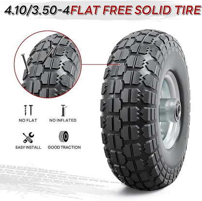 4 PCS 10” Solid Tires, 4.10/3.50-4” Flat Free Tires and Wheels with 5/8” Axle Bore Hole and Double Sealed Bearings Compatible with Hand Truck Wheelbarrow Tire Lawn Mower Tire (Silver) P-092