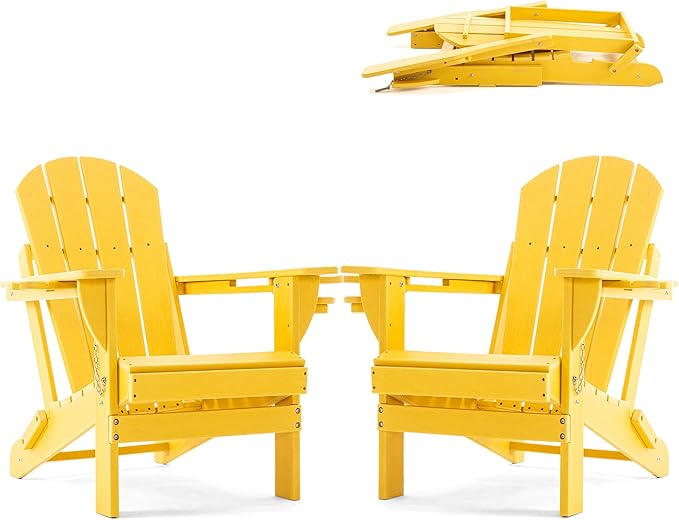 Folding Adirondack Chair, HDPE Outdoor Texture Lawn Chair with Reclining Back, Cup and Phone Holder - Comfortable Firepit Chair Weather Resistant for Patio or Backyard (Yellow, Set of 2)