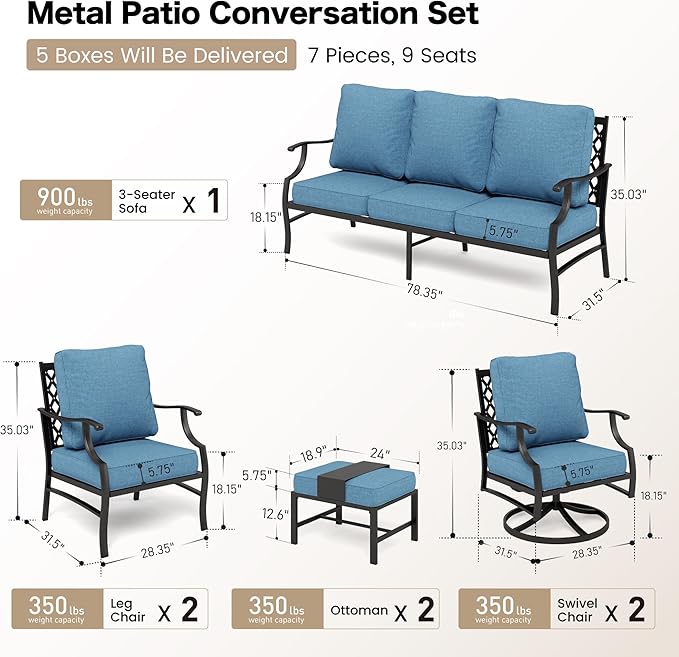 7 Piece Metal Outdoor Patio Furniture Set, Patio Conversation Sets 1 3-seater Sofa, 2 Fixed Chairs, 2 Swivel Chairs, 2 Ottomans with 5.75" Thick Cushion, Black Backyard Furniture, Navy