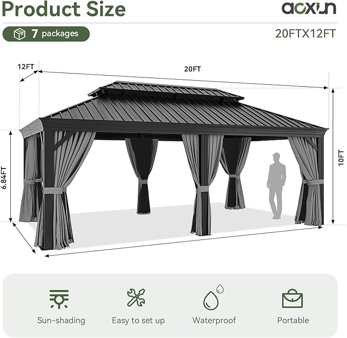 Aoxun Hardtop Gazebo 12x20 with Gutter, Upgraded Wider Aluminum Outdoor Gazebo with Galvanized Steel Double Roof, Patio Permanent Metal Pavilion with Netting and Privacy Curtain