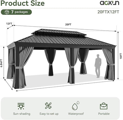 Aoxun Hardtop Gazebo 12x20 with Gutter, Upgraded Wider Aluminum Outdoor Gazebo with Galvanized Steel Double Roof, Patio Permanent Metal Pavilion with Netting and Privacy Curtain