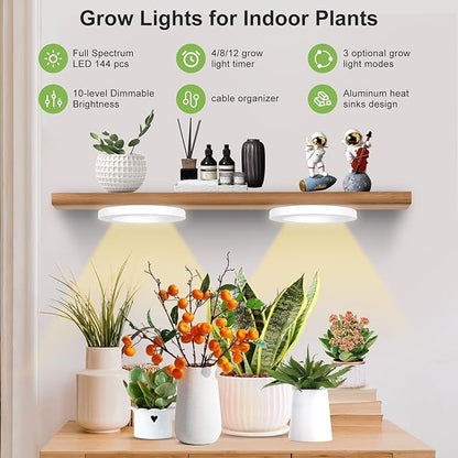 Full Spectrum Grow Light for Indoor Plants, 144 LEDs Halo Plant Light with Auto On/Off Timer (4/8/12H), 10-Level Brightness, 3 Lighting Modes, for Small Plants & Seedlings (White, Dual Head)