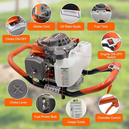 72CC Newly Upgraded Post Hole Digger Gas Powered, 2 Stroke Auger Post Hole Digger with 2 Drill Bits (6" & 8") + 1 Extension Rod for Planting - Ideal for Farm & Garden - Orange (72 CC)