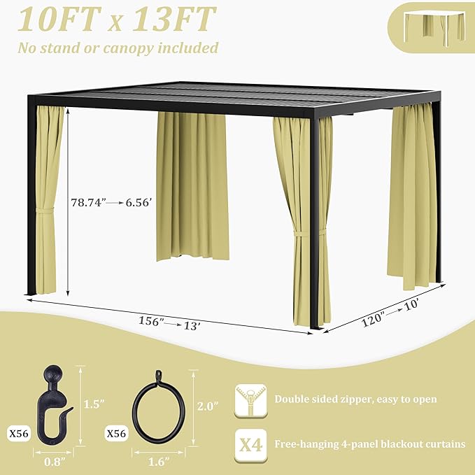 Gazebo Universal Replacement Privacy Curtain,10'×13' Gazebo Outdoor Waterproof Curtains, 4-Panels Sidewall Curtains with Double Zipper for Patio Canopy, Garden and Backyard (Curtain Only)