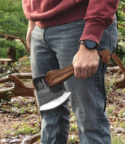 10.6 in Hatchet, 1065 Manganese Steel and Beech Wood Handle with Leather Sheath for Camping, Carving, Bushcraft Outdoor