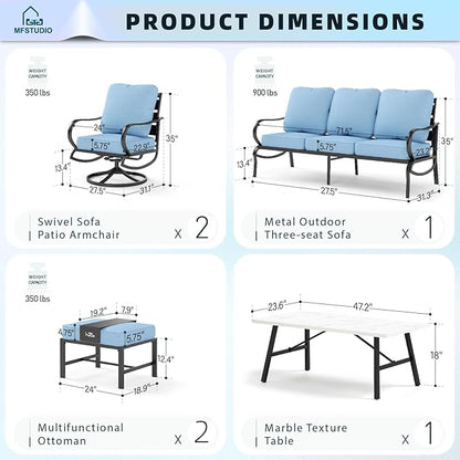 MFSTUDIO 6 Pieces Metal Patio Furniture Sets, 2 Swivel Chair, 1 Deep Seating 3-Seat Sofa, 2 Ottoman & 1 Marbling Coffee Table, All Weather 7 Seats Outdoor Conversation Set for Garden Backyard, Blue
