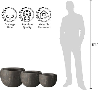 Kante 19.9",15.7",11.8" Dia Round Concrete Planter Set of 3, Outdoor/Indoor Large Bowl Plant Pots with Drainage Hole and Rubber Plug for Garden Patio Balcony Home, Oil Rubbed Bronze