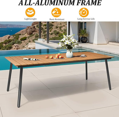Outdoor Dining Table for 6-8, 82.7 inch Patio Dining Table with Wooden-Like Top and Aluminum Frame, Rectangular Table with Umbrella Hole Outdoor Furniture, Brown