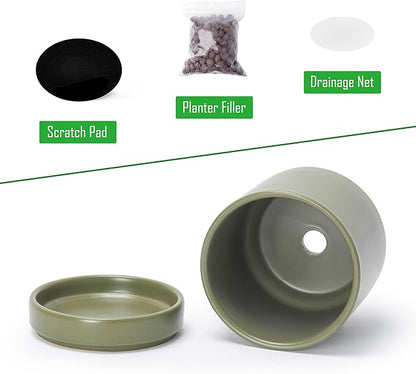 D'vine Dev Set of 4 Small Ceramic Plant Pots, 4.7 Inch Succulent Planter Pot for Plants with Drainage Hole and Saucer, Olive, 94-X-B-0