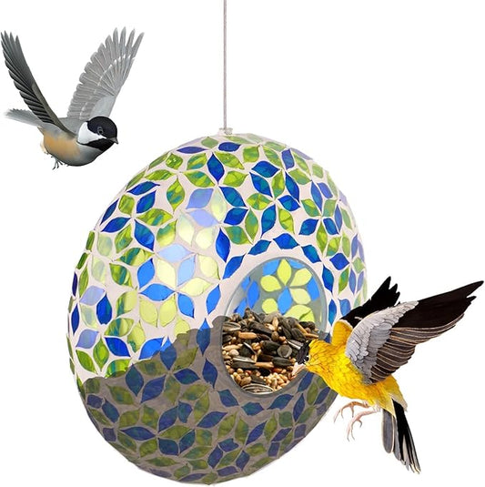 Mosaic Bird Feeder - Outdoor Fly Through Wild Hanging Bird Feeders with Mosaic Glass Design for Garden, Yard, Backyard, Deck and Porch Decor, 9 Inch