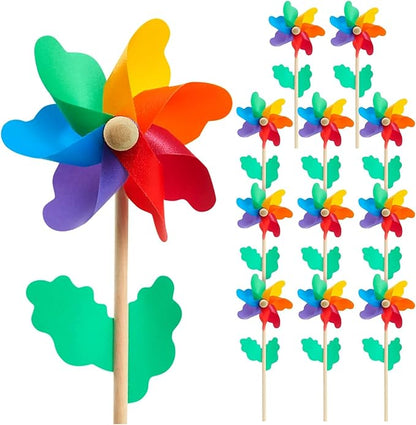 Blue Panda 12-Pack Rainbow Flower Pinwheels for Yard and Garden - Wind Spinners and Outdoor Party Favors for Kids, Pride and Birthday Decorations - Windmill for Yard - Pinwheels for Kids