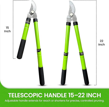 Garden Guru Bypass Loppers Tree Trimmer Clipper w/Telescopic Handle 15–22" - High Carbon Steel Blade Gardening Loppers Pruning Shear - Comfort Grip Handles – Branch Cutter – Cut Thick Branches w Ease