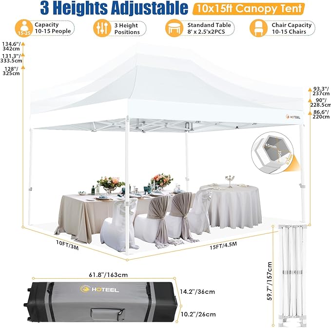 HOTEEL 10x15 Pop up Canopy Tent for Parties, Heavy Duty Easy Setup Tent Without Sidewalls, Outdoor Commercial Instant Gazebo for Wedding Event, with Roller Bag & Sand Bags, White(Hexagonal Frame)
