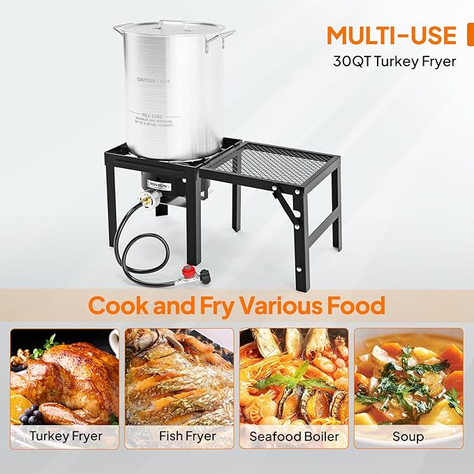 ROVSUN 30QT Turkey Fryer with 54000BTU Propane Gas Stove, Outdoor Aluminum Deep Fryer & Seafood Boiler for Crawfish crab Boiling with Lifting Hook, Turkey Rack, Basket, Marinade Injector, Thermometer