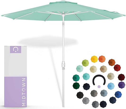 Midtown Umbrellas The Swilt 10 Feet Patio Umbrella in Sunbrella Canvas Glacier Acrylic Fabric - Fiberglass Ribs, Auto-Tilt Aluminum Frame For Backyard, Deck, Garden, Pool - White Pole