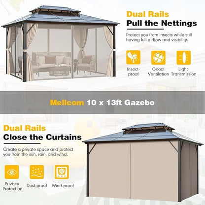 MELLCOM 10 x 13ft Hardtop Gazebo, Polycarbonate Double Roof Aluminum Gazebo, Outdoor Waterproof Canopy with Netting and Curtains for Backyard, Deck, Patio