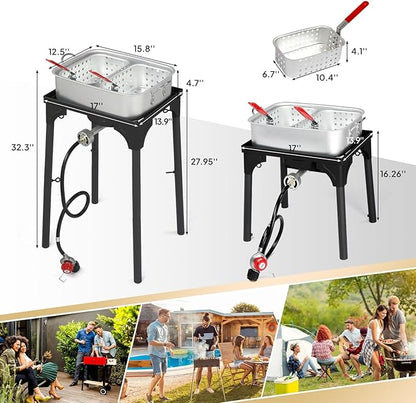 Bonnlo 18 QT Aluminum Fish Fryers Outdoor Cooking Pot, 55,000 BTU Propane Deep Fryer with Heightened Stove 2 Baskets & Thermometer for Frying Chicken Wings & French Fries for Backyard, Camping, Party