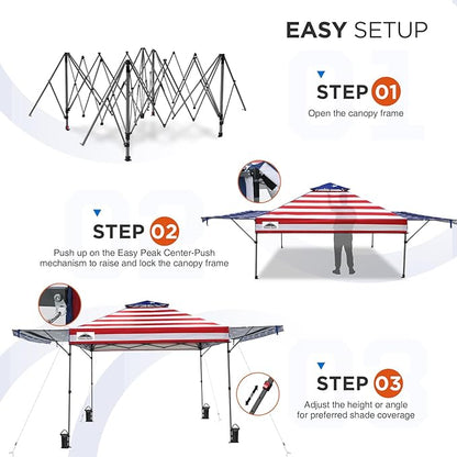 EAGLE PEAK 17x10 Pop up Gazebo Canopy Tent Outdoor Instant Canopy Shelter with Adjustable Dual Half Awnings (American Flag)