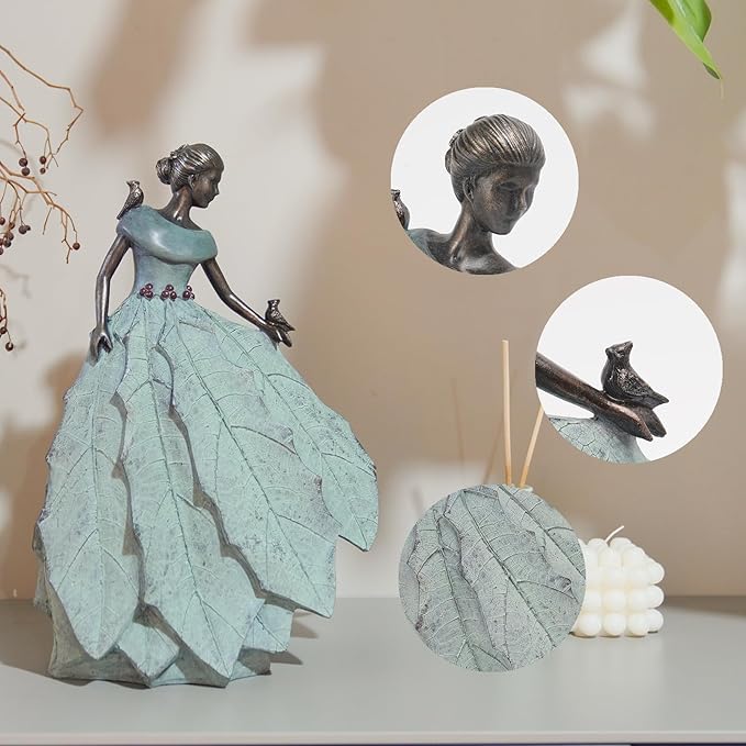 DiliComing Fairy Garden Statue Home Decoration - Outdoor Statue Table Decor for Living Room Garden Maiden Bookshelf Decor Xmas Resin Holly Leaves Maiden Green Statue