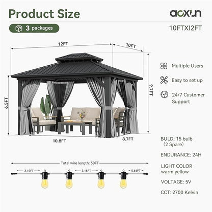 Aoxun 12'x10' Hardtop Gazebo with Light, Aluminum Frame Permanent Pavilion with Curtains and Netting, Outdoor Galvanized Double Roof Canopy, Designed for Garden, Lawns, Patio
