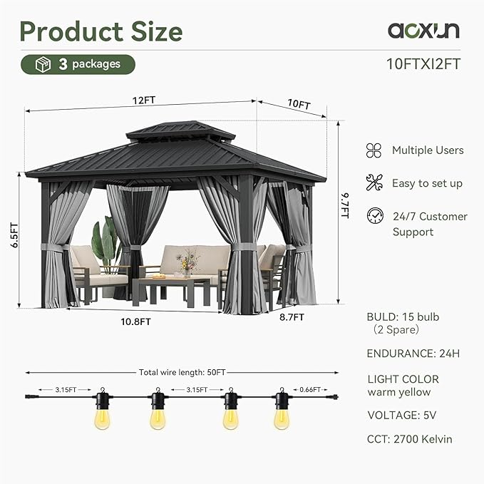 Aoxun 12'x10' Hardtop Gazebo with Light, Aluminum Frame Permanent Pavilion with Curtains and Netting, Outdoor Galvanized Double Roof Canopy, Designed for Garden, Lawns, Patio (Black/Grey)