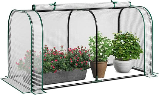 Mini Greenhouse, 47" x 22" x 24" Portable Greenhouse with Roll-Up Door, Ground Stakes, Metal Frame, Waterproof & Sun-Protective PE Cover, Small Green House for Outdoors & Indoors (White)