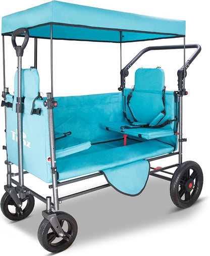 TMZ Collapsible Wagon Cart with Side-Opening Seat Conversion Design, Foldable Utility Wagon with 2 Seats, Heavy Duty Wagon 265 lbs Load Capacity (Turquoise)