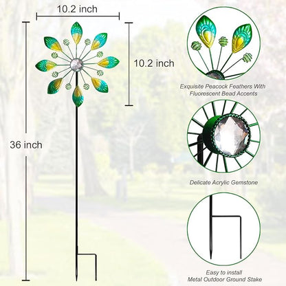 Metal Peacock Wind Spinner for Outdoor Garden Decor - 36 Inch Height Feather Wind Catcher with Stake, Lawn & Patio Art, Weather-Resistant Yar