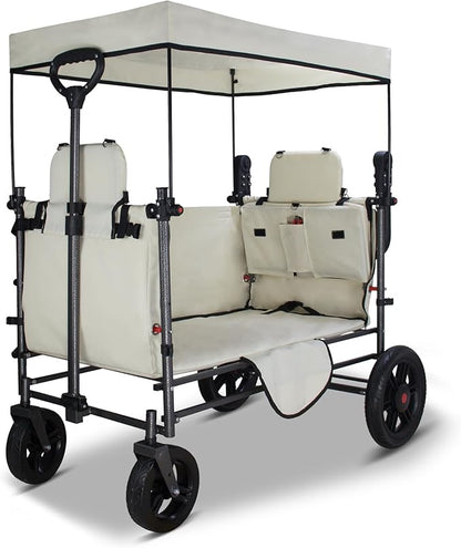 TMZ Collapsible Wagon Cart with Side-Opening Seat Conversion Design, Foldable Utility Wagon with 2 Seats, Heavy Duty Wagon 265 lbs Load Capacity (Beige)
