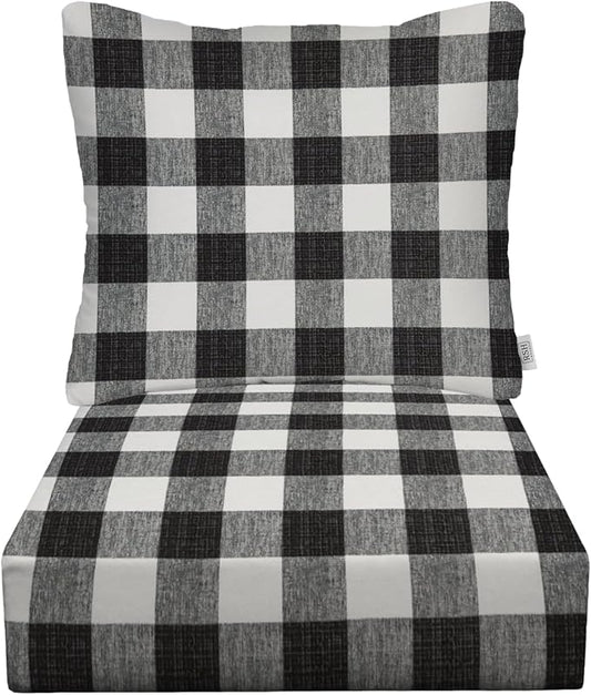 RSH DECOR Deep Seating Cushion with Pillow Back | 23.5” x 25” Seat | Water and Fade-Resistant Spun Fabric | Outdoor Chair Cushion Set for Patio Furniture | Black Buffalo Plaid