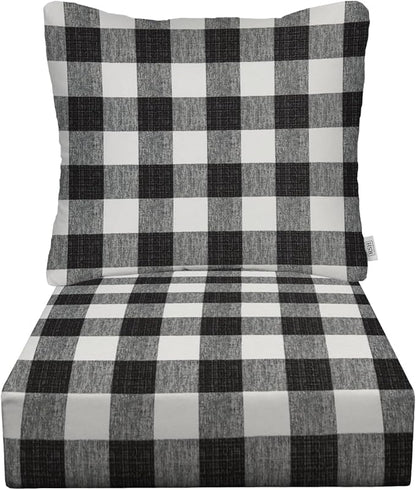 RSH DECOR Deep Seating Cushion with Pillow Back | 24” x 26” Seat | Water and Fade-Resistant Spun Fabric | Outdoor Chair Cushion Set for Patio Furniture | Black Buffalo Plaid