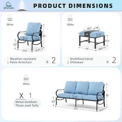 MFSTUDIO 5 Pieces Patio Conversation Sets,Outdoor Metal Furniture Sofas with 1 x 3-Seat Sofa, 2 x Sofa Chairs,2 x Ottoman,Wrought Iron Frame with Blue Cushion for Patio Courtyard Balcony