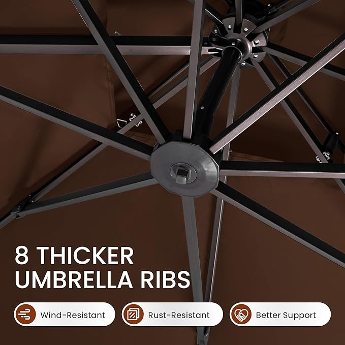 10x10 FT Cantilever Patio Umbrella with Base Included Double Top Outdoor Square Large Heavy Duty Aluminum Offset Umbrellas with 7 Level Tilt 360-degree Rotation for Pool Garden Deck,Brown