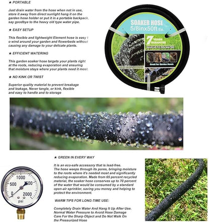 Soaker Hose with Connector 5/8in Diameter 25FT 50FT Black Garden Water Hose Flower Bed and Lawn Lightweight Hose (50FT)